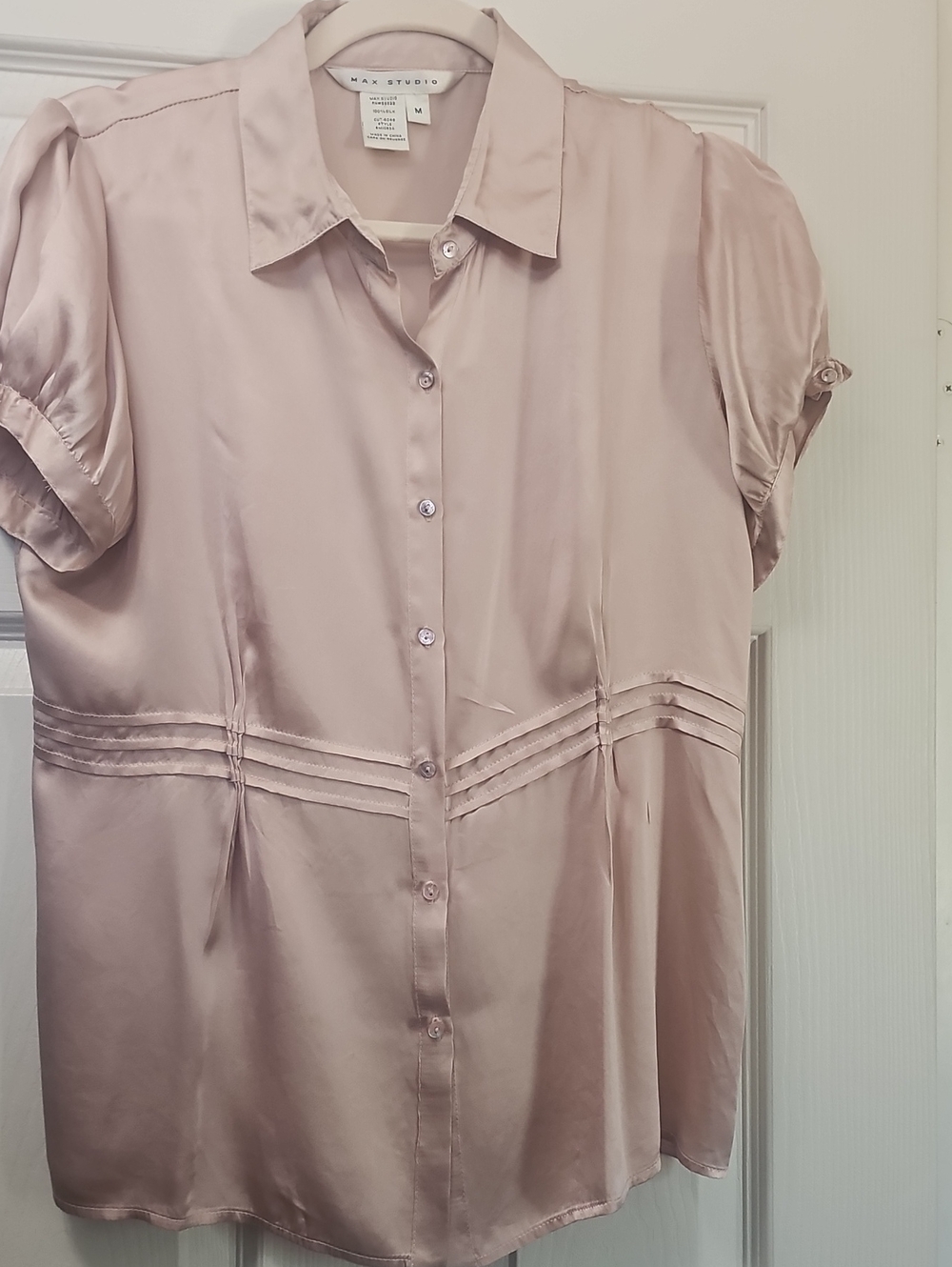 Max Studio Blush 100% Silk Short-Sleeve Button-Down Top